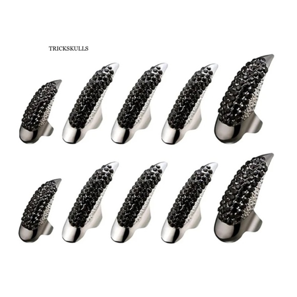 (10) Black Iced Crow Claw Fingernail Fingertip Mid Rings Nail Ring Guard Nails - Picture 1 of 7
